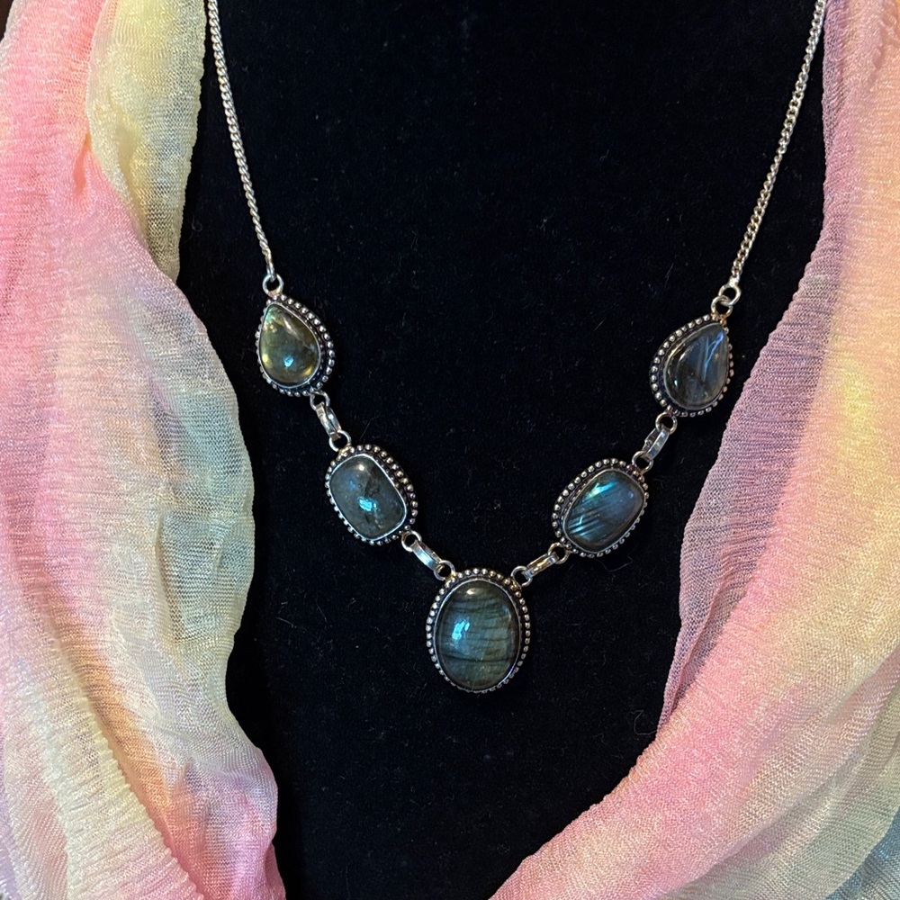 Elegant Silver Labradorite Necklace with Blue Stones
